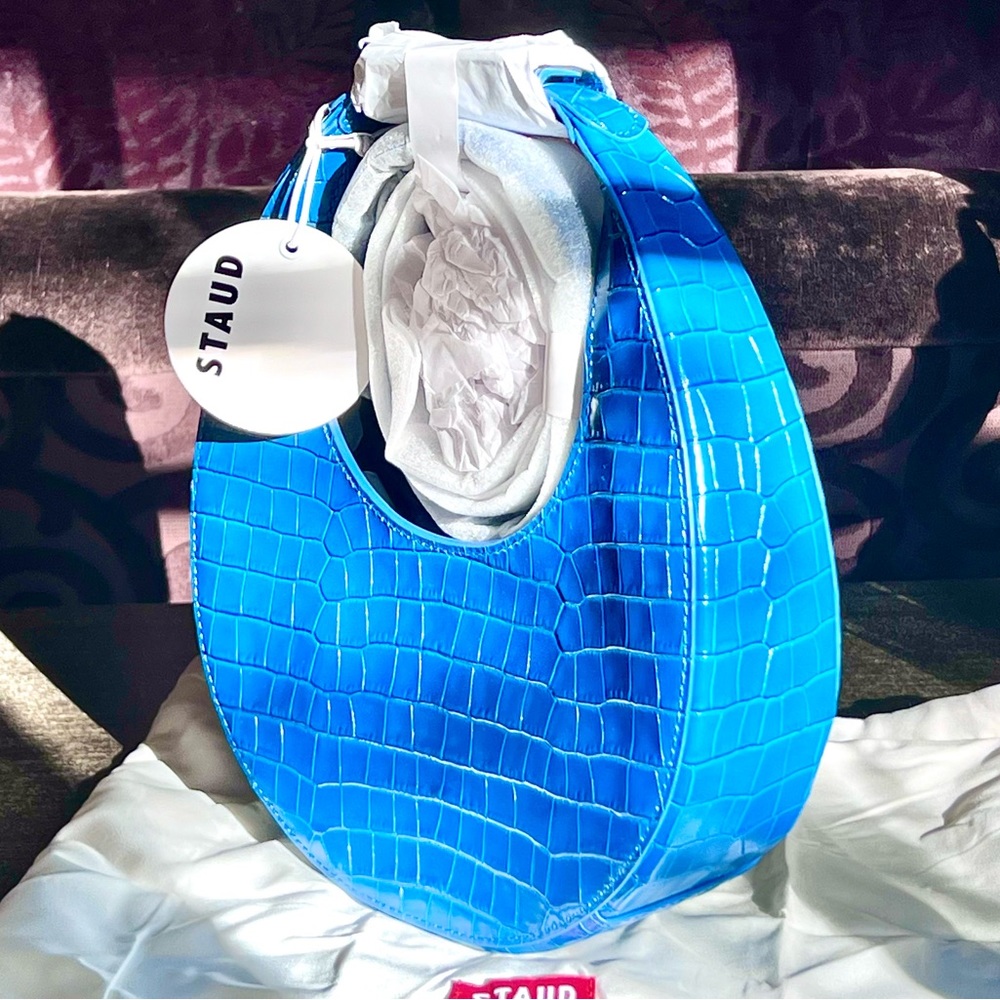 🌺🎉2XHP🎉🌺 NWT Staud Mini Moon Crocodile Embossed Bag Island Blue - Picture 3 of 16